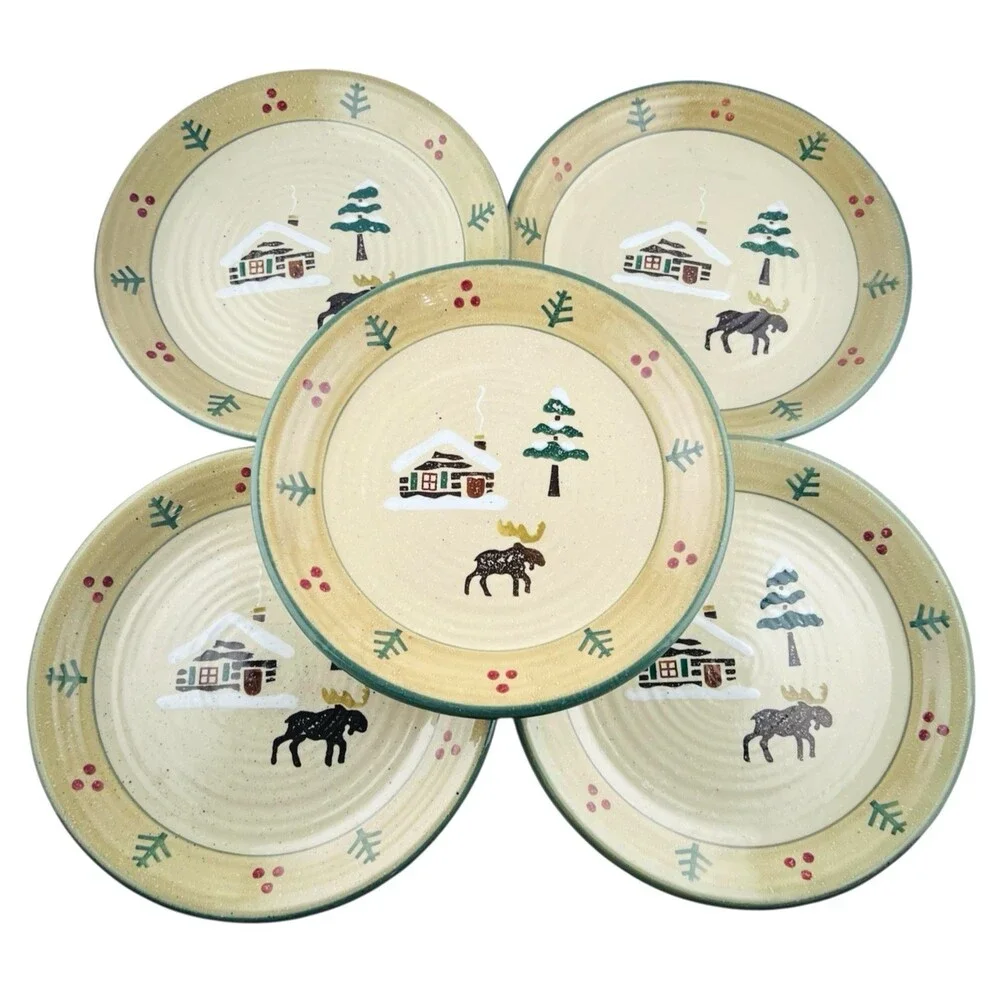 LODGE Sonoma Home Art Pottery Stoneware 8" Salad Plates Moose Set of 5 EUC - Picture 2 of 3